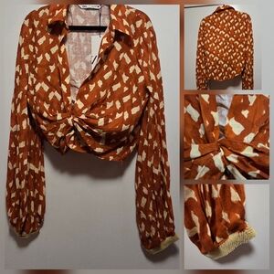 Zara Rust and Cream Twist Front Blouse